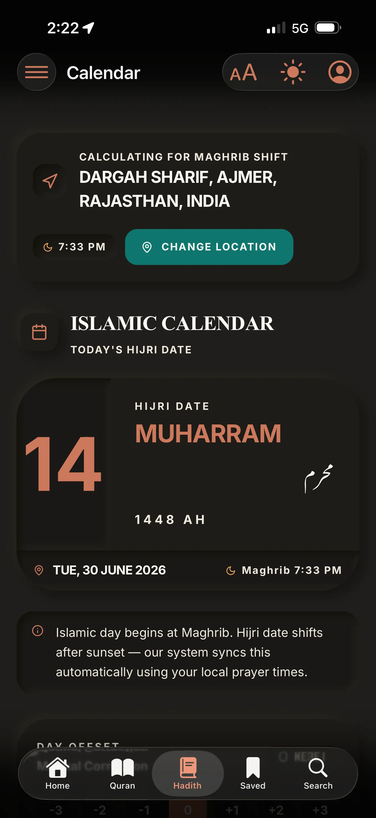 Islamic Calendar with Maghrib shift