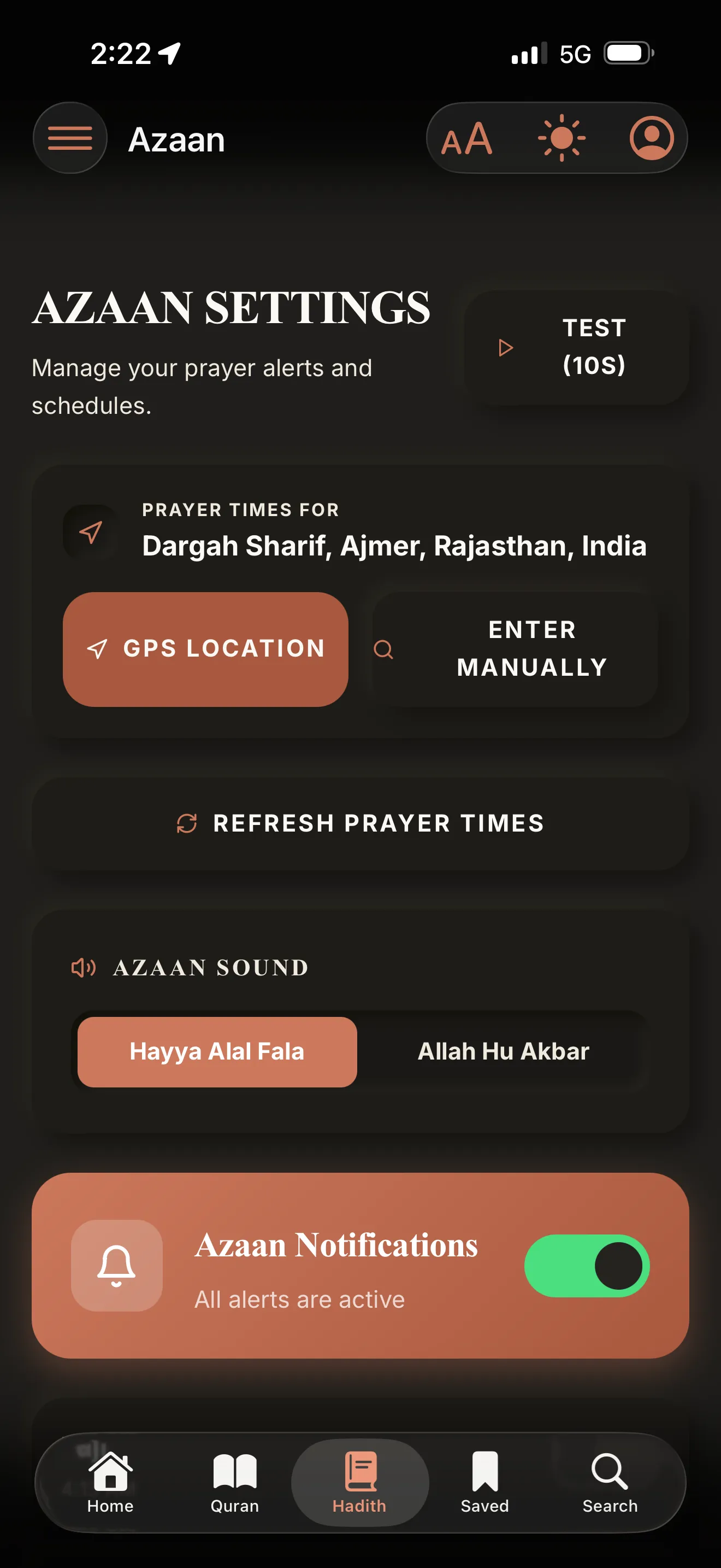 Azaan settings and notifications