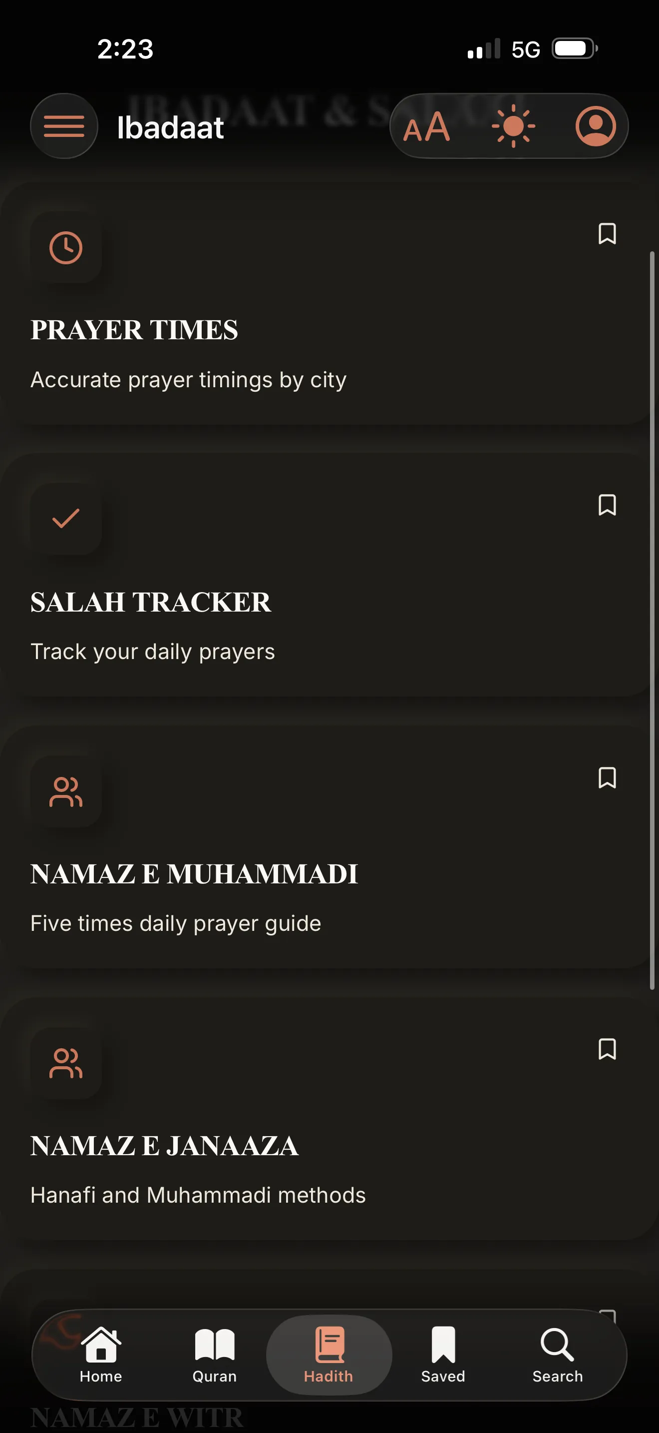 Ibadaat menu — prayer guides