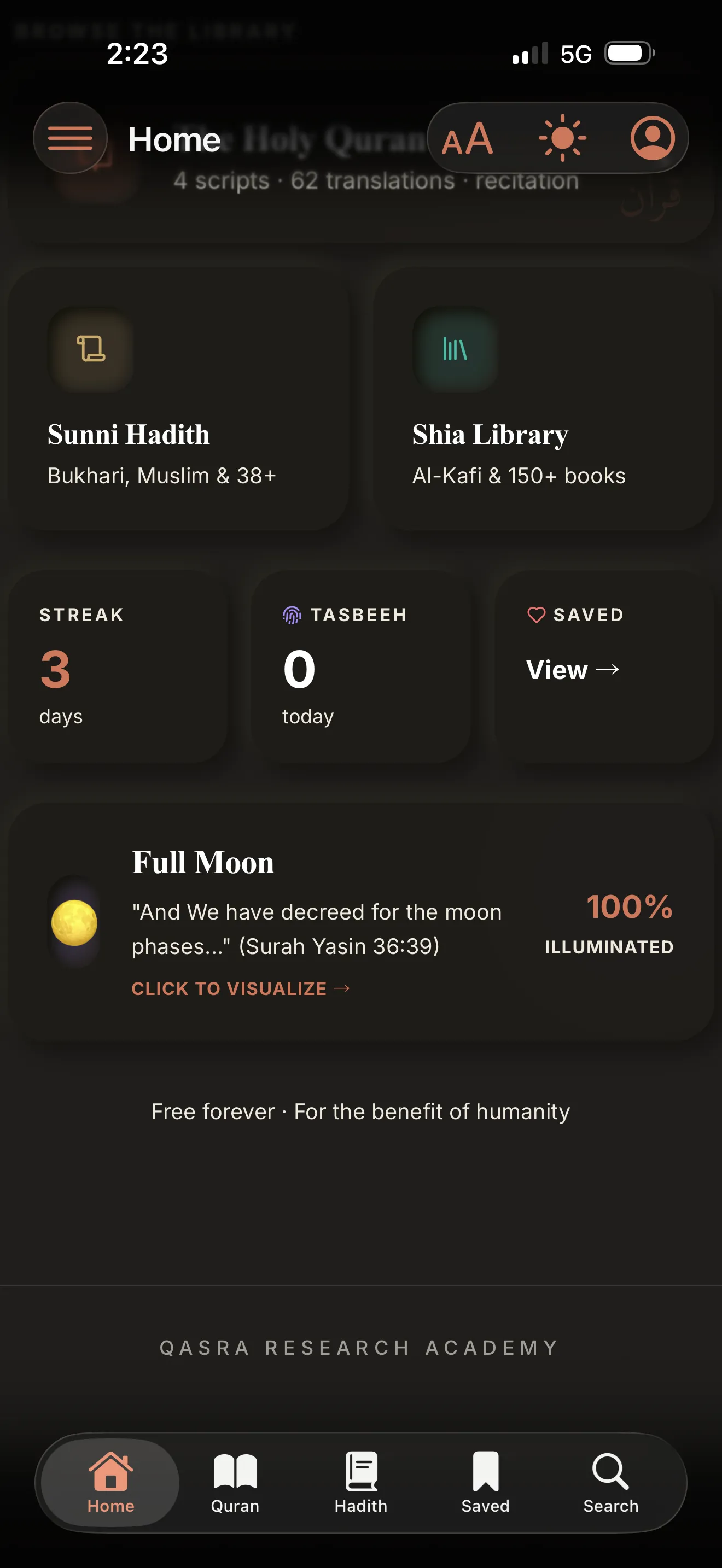 Home library cards, streak, tasbeeh, moon