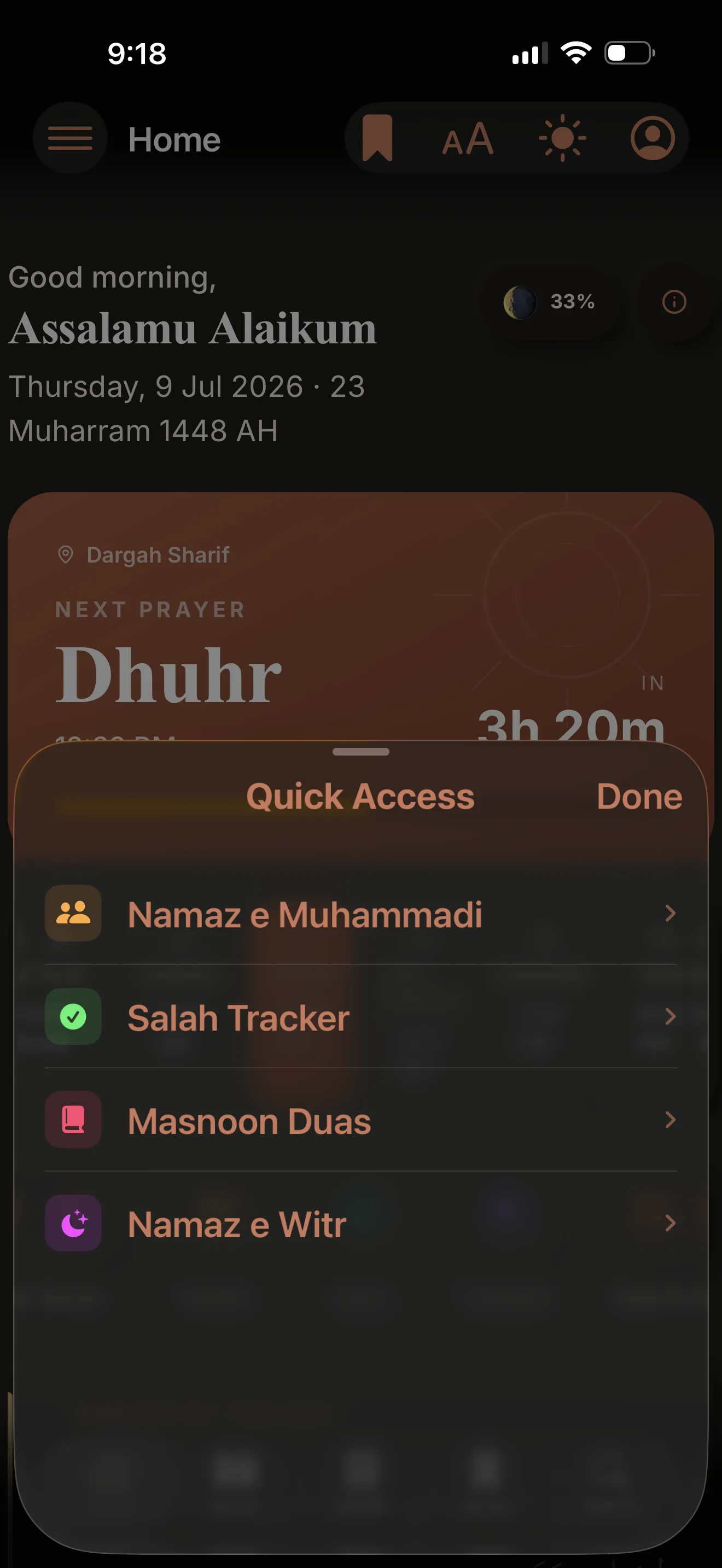 Quick Access sheet on Home