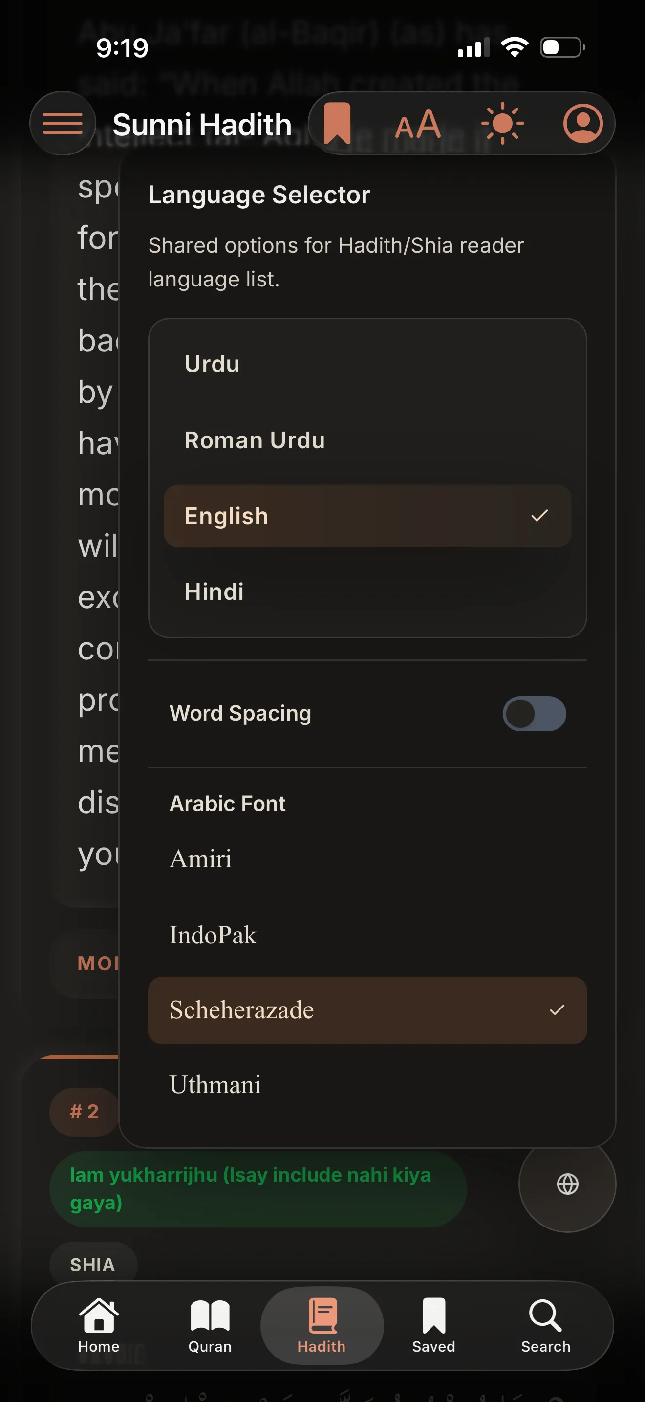 Language and Arabic font selector