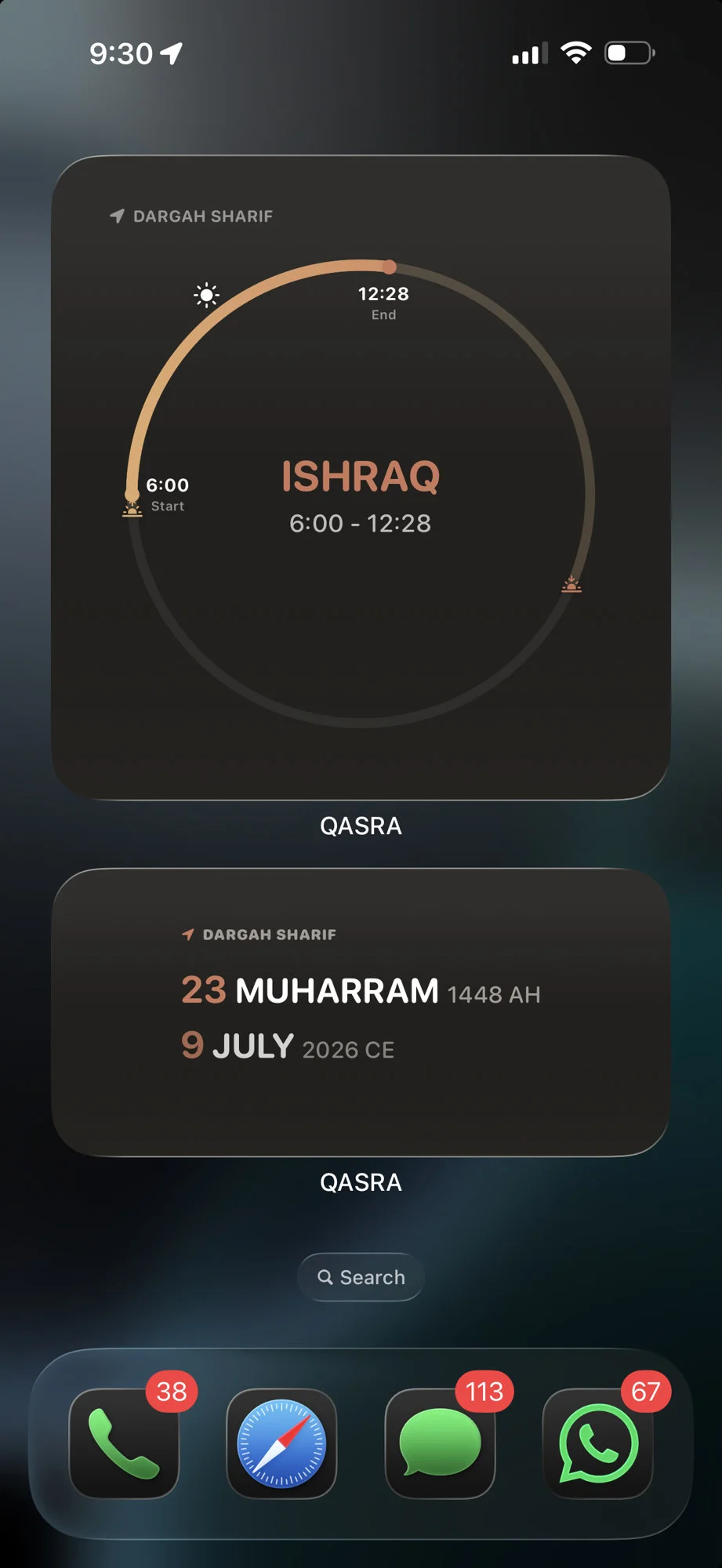QASRA solar prayer and Hijri calendar widgets